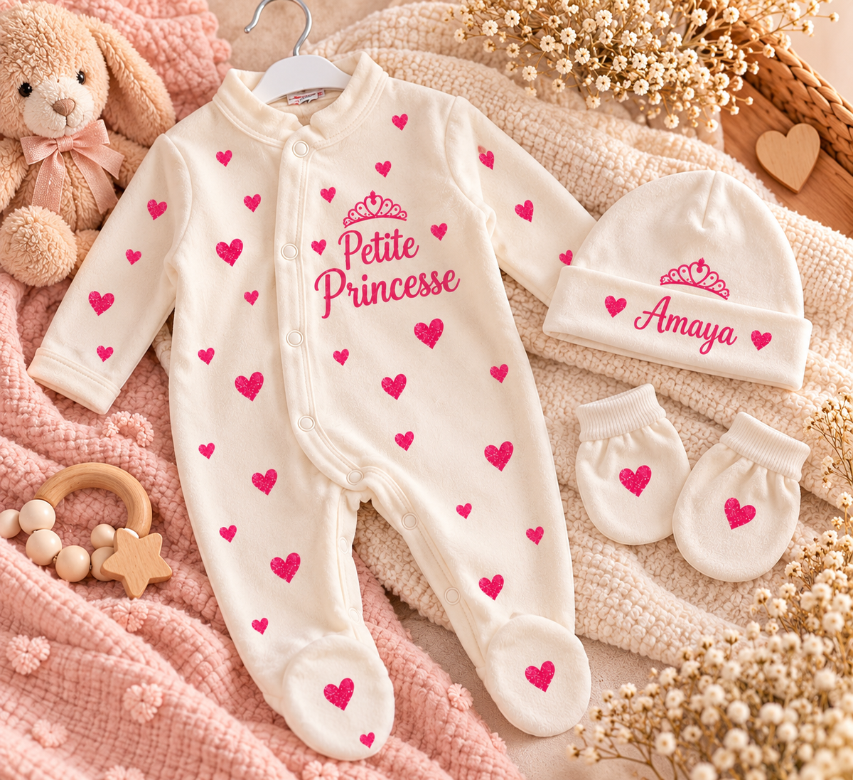 Ensemble bébé 3 pièces en velours personnalisé