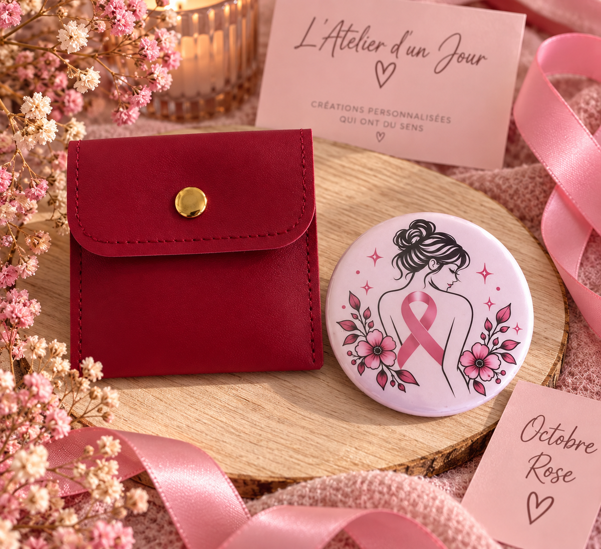 Miroir « Douceur & Espoir » – Octobre Rose | 58 mm avec pochette personnalisée