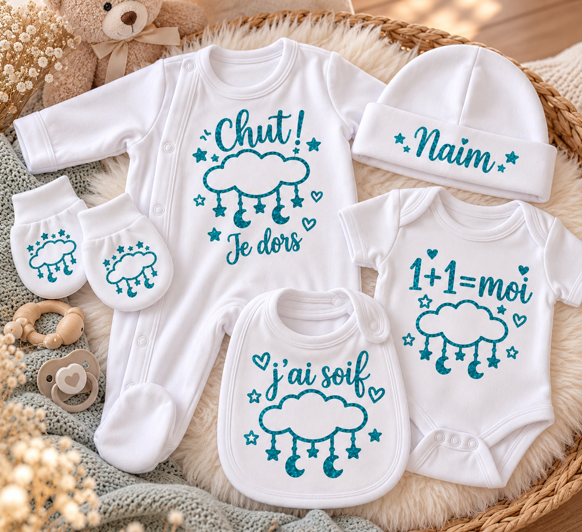 Ensemble naissance personnalisé – 5 pièces 0-3mois en coton