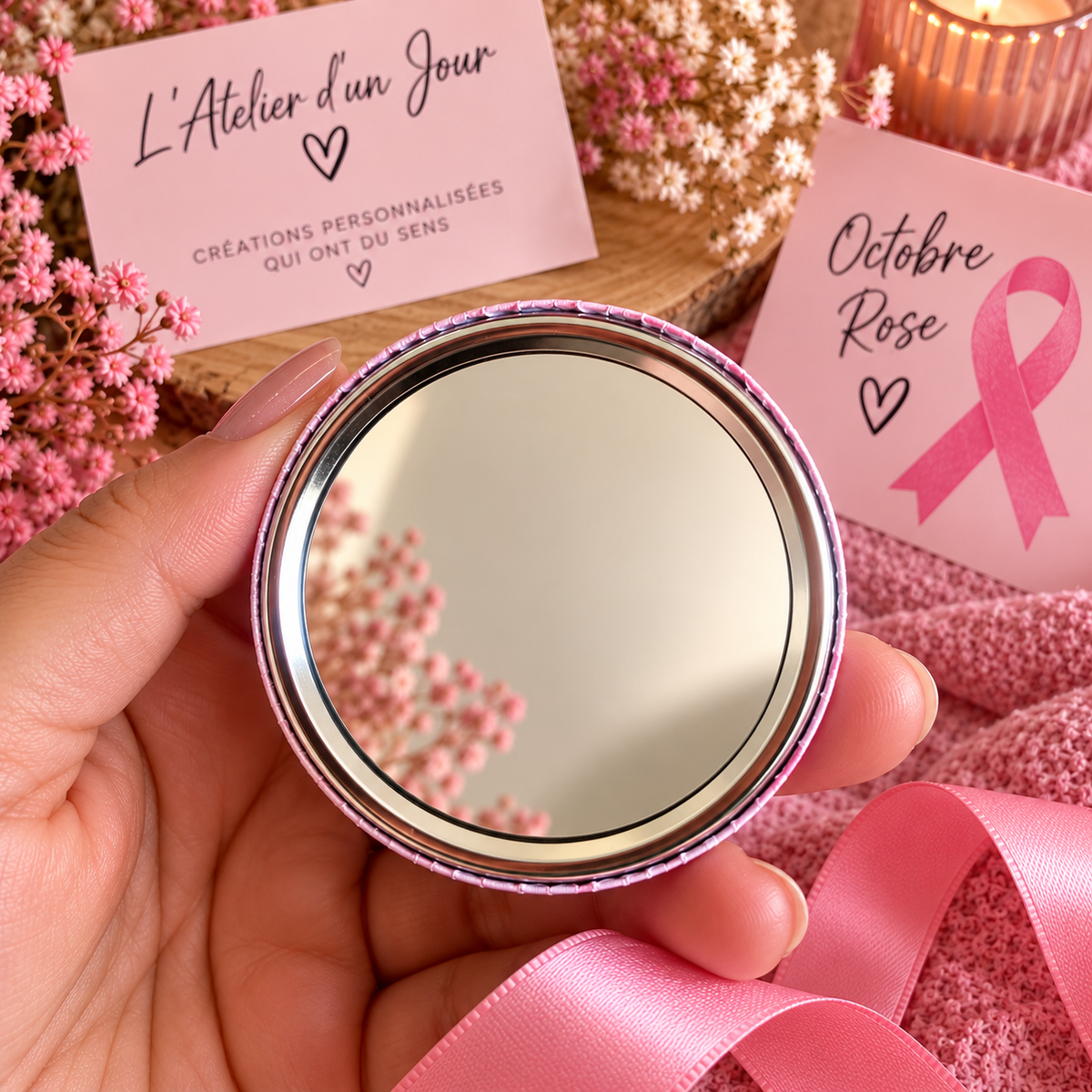 Miroir « Élan de Courage » – Octobre Rose | 58 mm avec pochette personnalisable