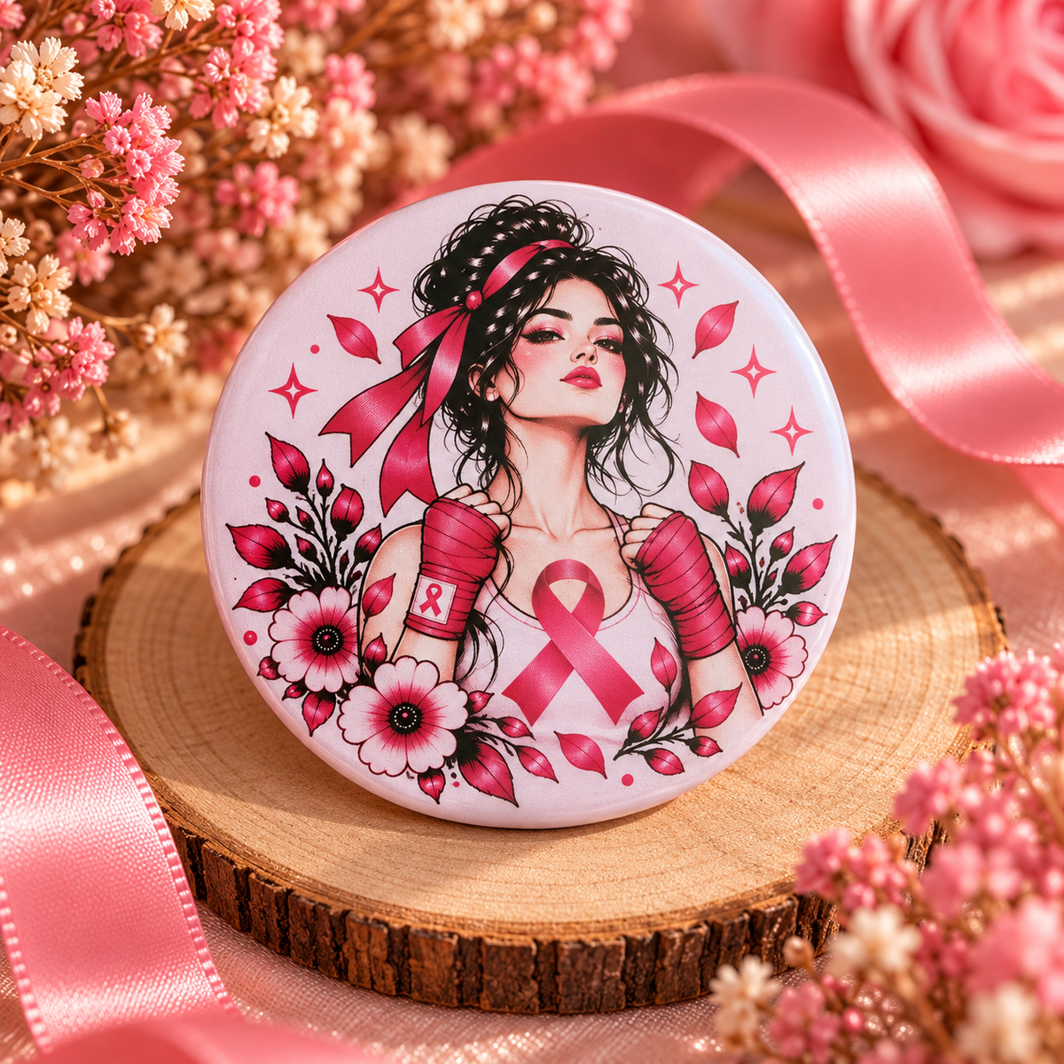 Badge Octobre Rose 58 mm – Combattante