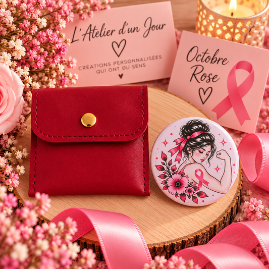 Miroir « Force & Courage » – Octobre Rose | 58 mm avec pochette personnalisable