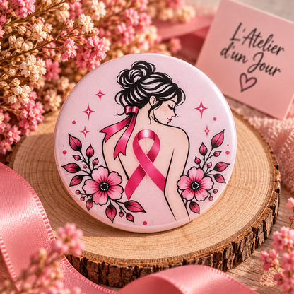 Badge Octobre Rose 58 mm – Douceur & Espoir