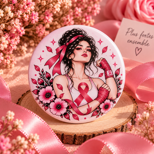 Badge Octobre Rose 58 mm – Élan de courage