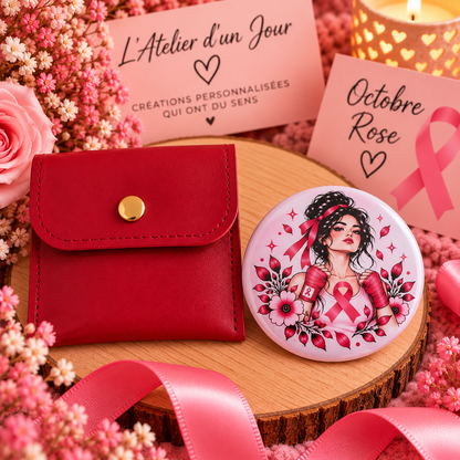 Miroir « Combattante » – Octobre Rose | 58 mm avec pochette personnalisable
