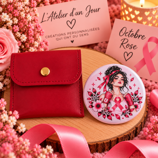 Miroir « Combattante » – Octobre Rose | 58 mm avec pochette personnalisable