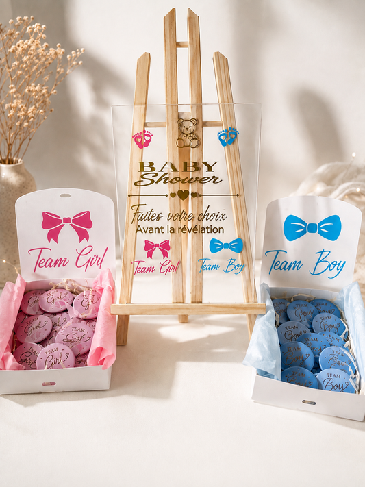 Pack gender reveal— 20 badges et son panneau