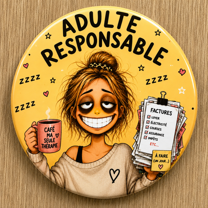 Badges Femme Humoristiques & Sarcastiques – Parce qu’on survit avec du café, du sarcasme et beaucoup d’auto dérision