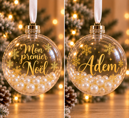 Boule de Noël transparente personnalisée – Perles nacrées & doré
