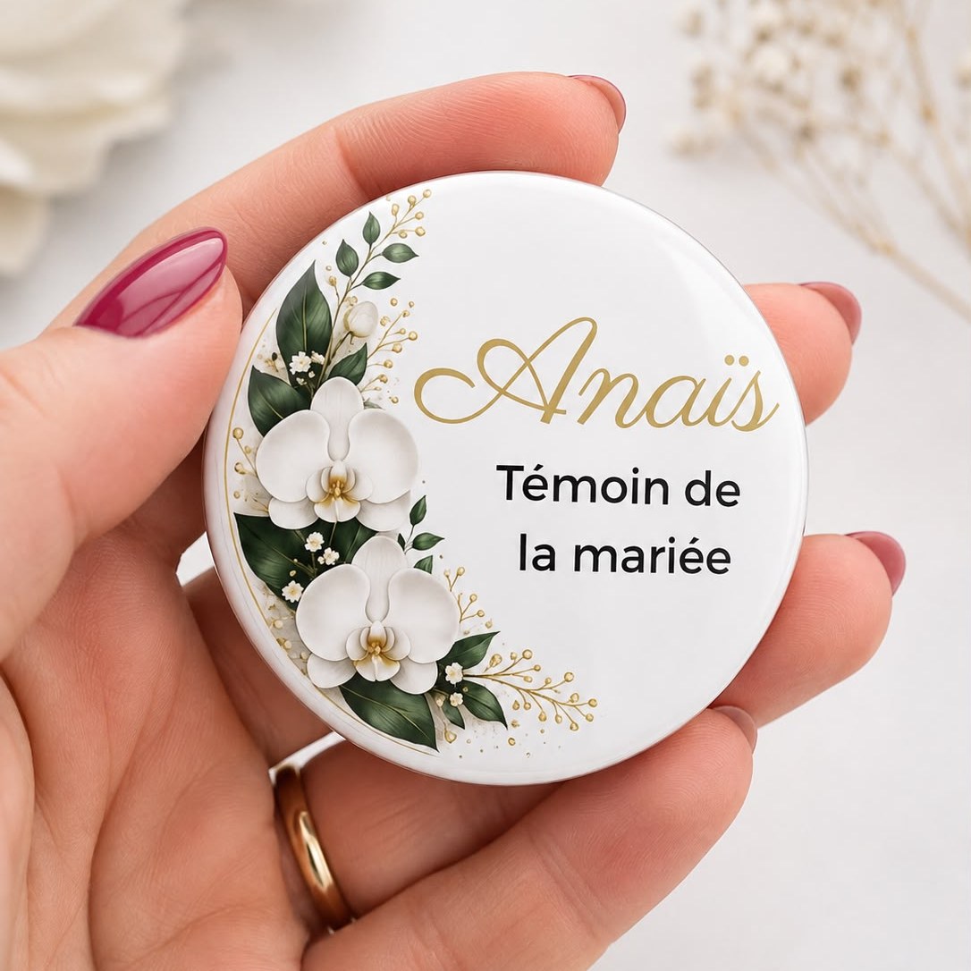 Badge personnalisé 58 mm, Témoin de la mariée