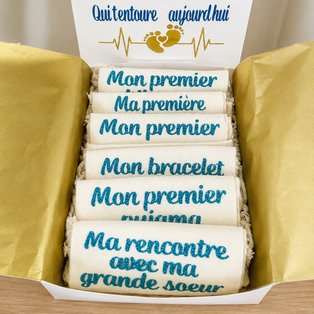 Coffret Souvenirs de Naissance ouvert, six pochons personnalisés