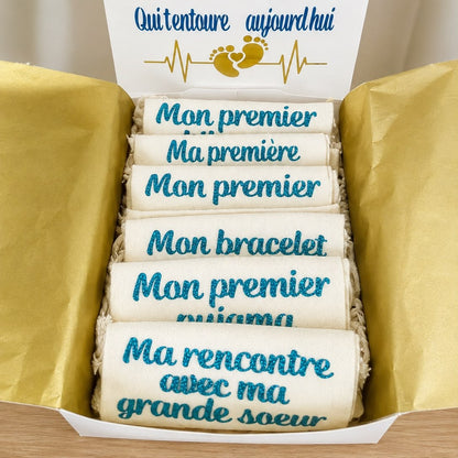 Coffret Souvenirs de Naissance ouvert, six pochons personnalisés