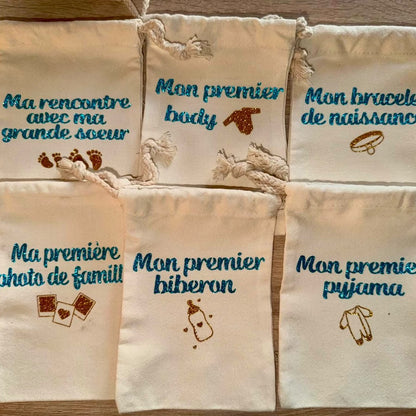 Les six pochons personnalisés du coffret de naissance